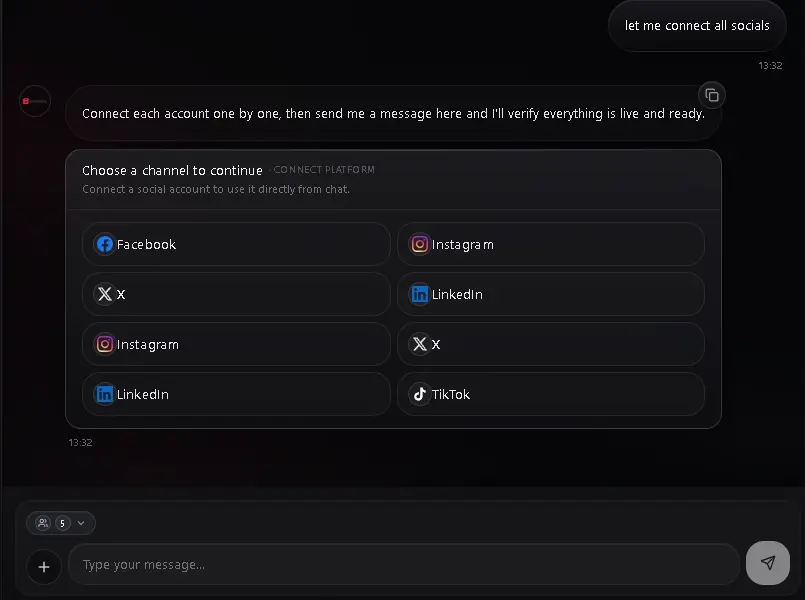 Socializioz account connection interface with supported social channels